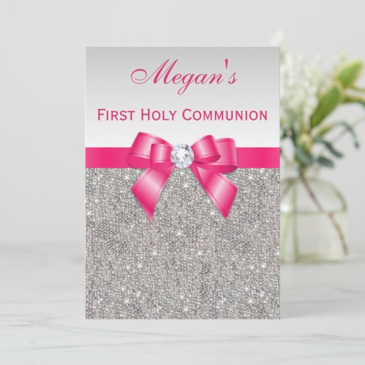 Eerste Heilige Communie Zilveren juwelen, Hot-roze Kaart (Staand voorkant)