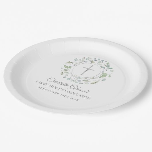 Eerste Heilige Communie Zilveren Kruis Groene Blad Papieren Bordje (Gekanteld)