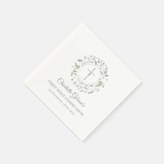 Eerste Heilige Communie Zilveren Kruis Groene Blad Servet (Hoek)