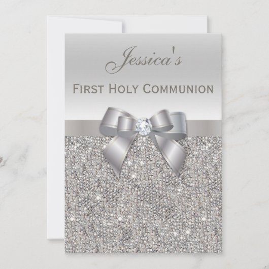 Eerste Heilige Communie Zilveren Sequins en Boog Kaart (Voorkant)
