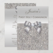 Eerste Heilige Communie Zilveren Sequins en Boog Kaart (Voorkant / Achterkant)
