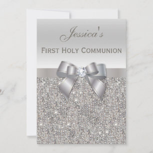 Eerste Heilige Communie Zilveren Sequins en Boog Kaart