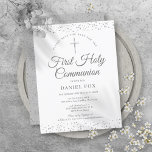 Eerste Heilige Communie Zilveren Stardust Save the Aankondigingskaart<br><div class="desc">Een elegante Eerste Heilige Communie bespaart de date-uitnodiging met delicaat zilver zetmeel. Je kunt je personaliseren met je speciale viering details in de tekst van de kic Silver. Ontworpen door: Thisnotme©</div>