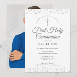 Eerste Heilige Communie Zilveren Sterrenstof Foto Save The Date