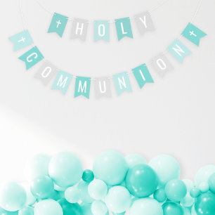 Eerste Heilige Communie Zilveren Teal Meisjesfeest Vlaggetjes