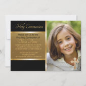 Eerste Heilige Communie Zwart Goud Fotouitnodiging Kaart (Voorkant)