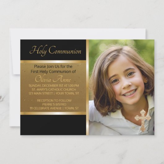 Eerste Heilige Communie Zwart Goud Fotouitnodiging Kaart (Voorkant)