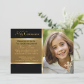Eerste Heilige Communie Zwart Goud Fotouitnodiging Kaart (Staand voorkant)