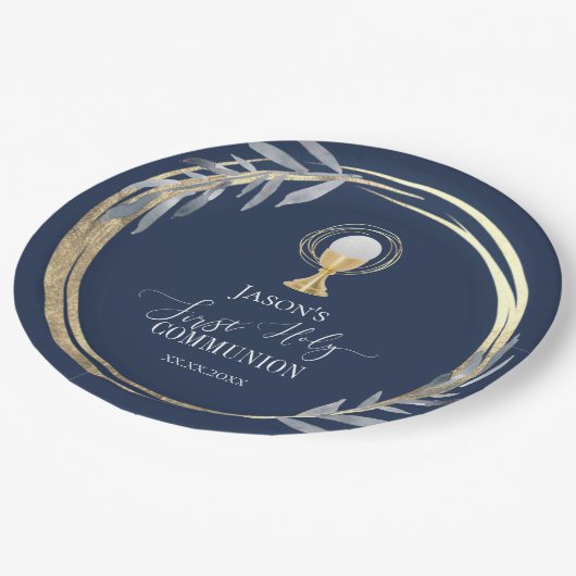 Eerste Heilige communiqué: blauwe bladreuzel en bl Papieren Bordje (Gekanteld)