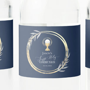 Eerste Heilige communiqué: blauwe bladreuzel en bl Waterfles Etiket