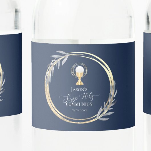 Eerste Heilige communiqué: blauwe bladreuzel en bl Waterfles Etiket