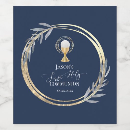 Eerste Heilige communiqué: blauwe bladreuzel en bl Wijn Etiket (Enkel label)