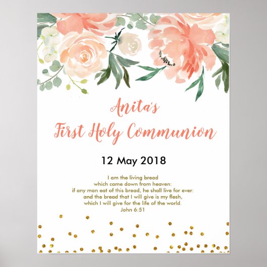 Eerste heilige communiqué Christening Peach Party Poster (Voorkant)