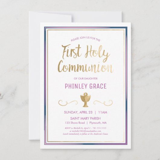 Eerste Heilige Communist Uitnodiging, Elegant, Roz Kaart (Voorkant)