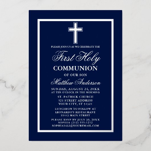 Eerste Heilige Communistische Foto Cross Navy Blue Folie Uitnodiging (Voorkant)