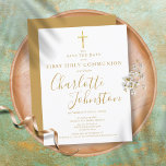 Eerste Heilige Communistische Gouden Handtekening  Aankondigingskaart<br><div class="desc">Elegant First Heilig Communion gold signatuur,  behalve de datumuitnodiging met een elegante gouden scriptnaam. Geef uw speciale gebeurtenisgegevens een persoonlijk tintje in het teken van dit genderneutrale ontwerp. Ontworpen door: Thisnotme©</div>