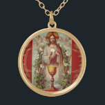 Eerste Heilige Communistische Katholieke Jezus Ang Goud Vergulden Ketting<br><div class="desc">Dit is een prachtig traditioneel katholiek afbeelding van Jesus met de gastheer met de kelk,  bloemen en een rode achtergrond.</div>
