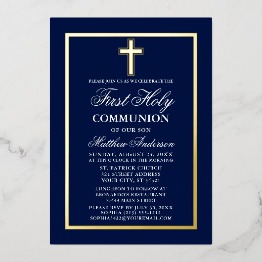Eerste Heilige Communistische Kruismarine Blue Gol Folie Uitnodiging (Voorkant)