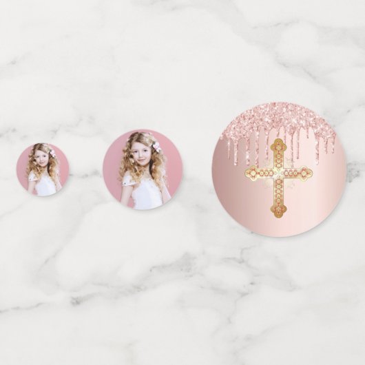 Eerste heilige roos goudglitter foto confetti (Achterkanten)