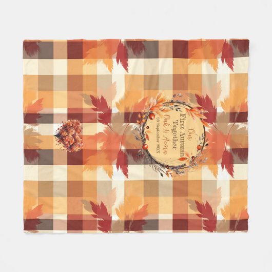 Eerste herfst: Herfst krans en geruite naam & datu Fleece Deken (Voorkant (Horizontaal))
