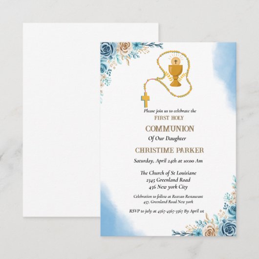 Eerste holle waterverf blauwe splash floral kaart (Voorkant / Achterkant)