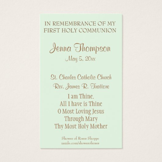 EERSTE HOLY COMMUNION EUCHARIST PRAYER HOLY KAART (Achterkant)