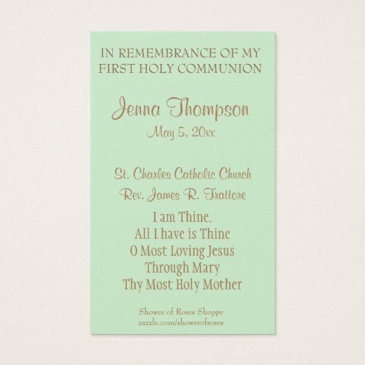 EERSTE HOLY COMMUNION EUCHARIST PRAYER HOLY KAART (Achterkant)