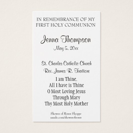 EERSTE HOLY COMMUNION EUCHARIST PRAYER HOLY KAART (Achterkant)