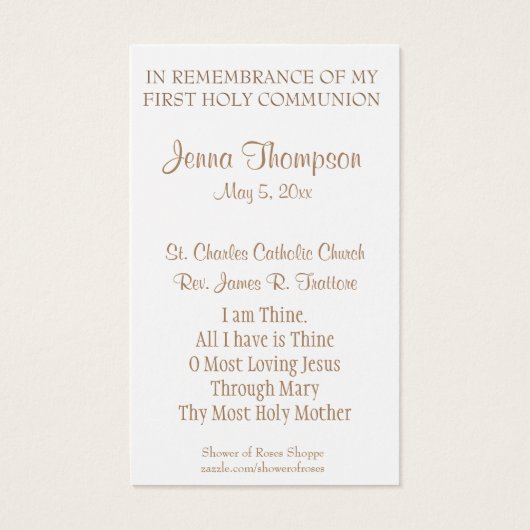 EERSTE HOLY COMMUNION EUCHARIST PRAYER HOLY KAART (Achterkant)