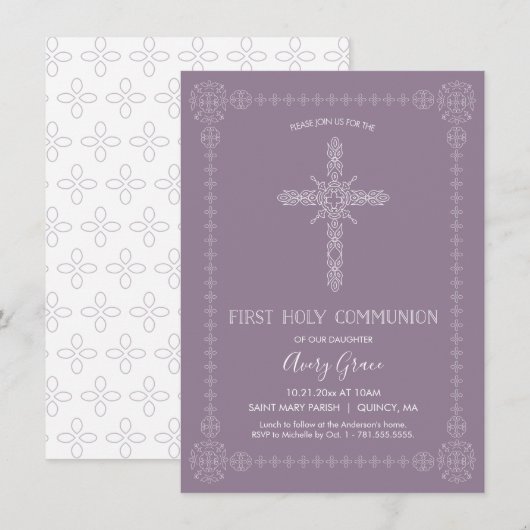 EERSTE HOLY COMMUNION Girl Invite - Eenvoudig, ele Kaart (Voorkant / Achterkant)