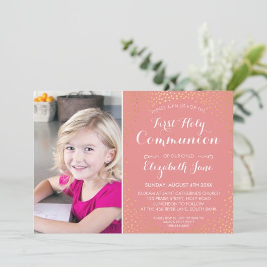 EERSTE HOLY COMMUNION mini gold confetti schattig  Kaart (Staand voorkant)