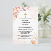 Eerste holy communiqué roze waterverf splash invit kaart (Staand voorkant)