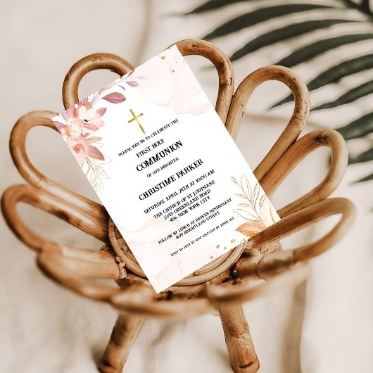 Eerste holy communiqué roze waterverf splash invit kaart