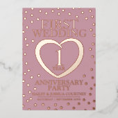 Eerste huwelijksjubileumfeest roze roze goud folie uitnodiging (Voorkant)