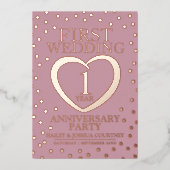 Eerste huwelijksverjaardagsfeest roze roze goud folie uitnodiging (Voorkant)