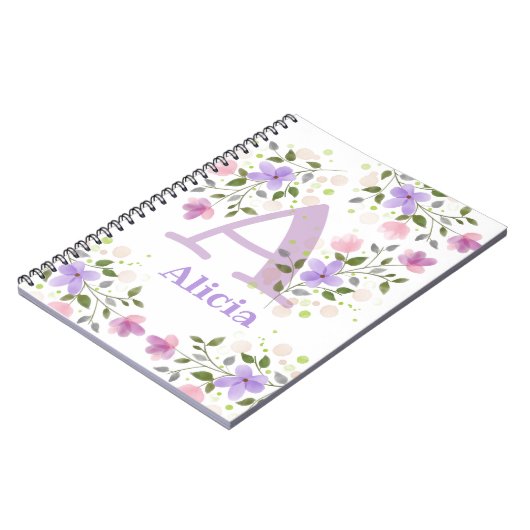 Eerste Initiaal plus naam Alicia met bloemen Notitieboek (Linkerzijde)