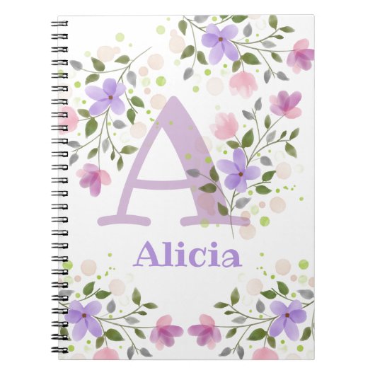 Eerste Initiaal plus naam Alicia met bloemen Notitieboek (Voorkant)