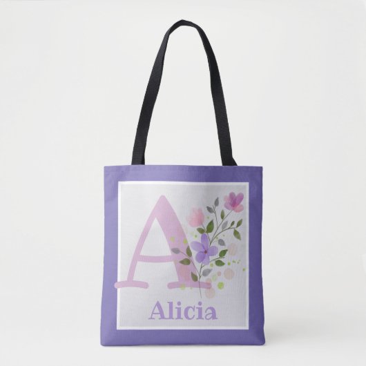 Eerste Initiaal plus naam Alicia met bloemen Tote Bag (Voorkant)