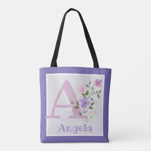 Eerste Initiaal Plus Naam Angela met Bloemen Tote Bag (Achterkant)