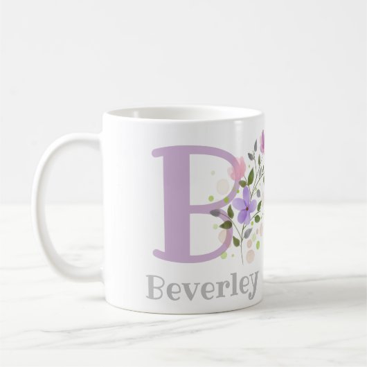 Eerste initiaal plus naam Beverley met bloemen Koffiemok (Links)