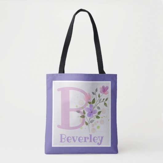 Eerste initiaal plus naam Beverley met bloemen Tote Bag (Voorkant)