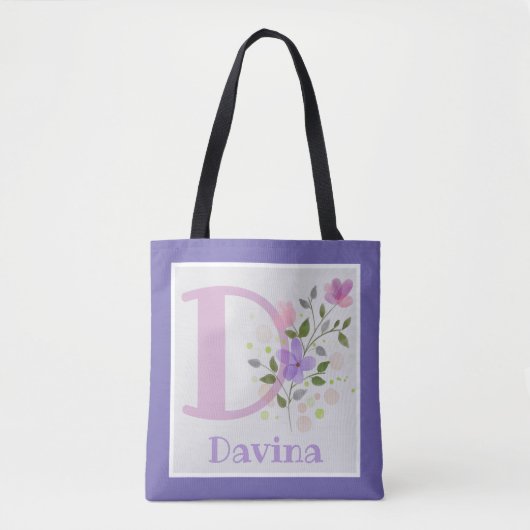 Eerste Initiaal plus naam Davina met bloemen Tote Bag (Voorkant)
