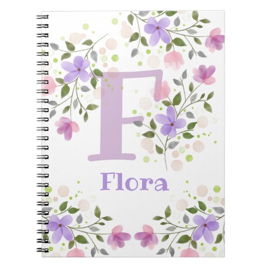 Eerste initiaal plus naam Flora met bloemen Notitieboek (Voorkant)