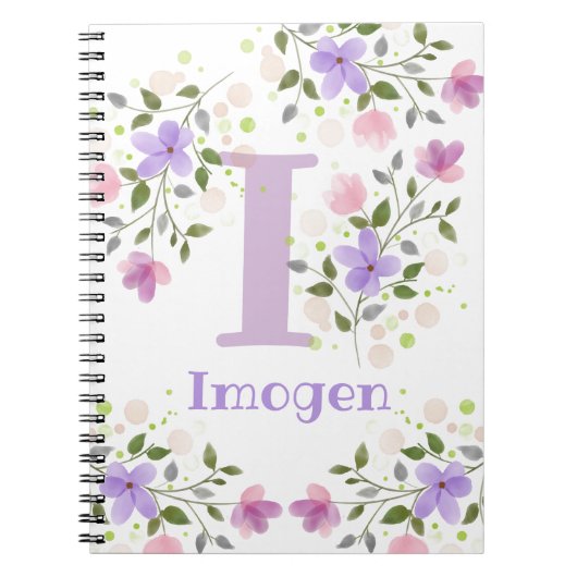 Eerste initiaal plus naam Imogen met bloemen Notitieboek (Voorkant)