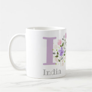 Eerste initiaal plus naam India met bloemen Koffiemok