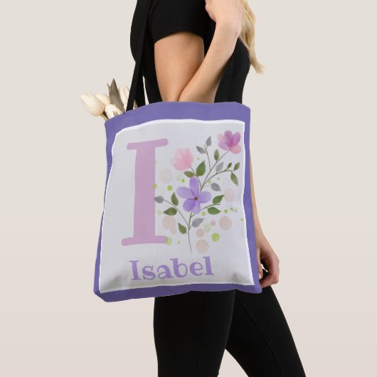 Eerste Initiaal plus Naam Isabel met Bloemen Tote Bag (Dichtbij)
