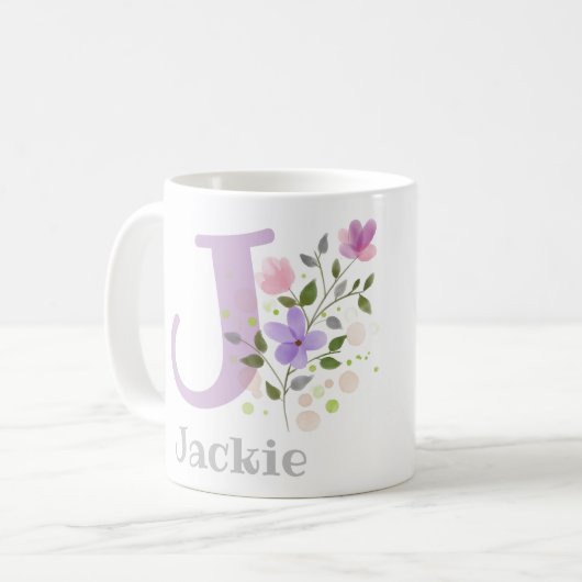 Eerste Initiaal plus naam Jackie met bloemen Koffiemok (Voorkant links)