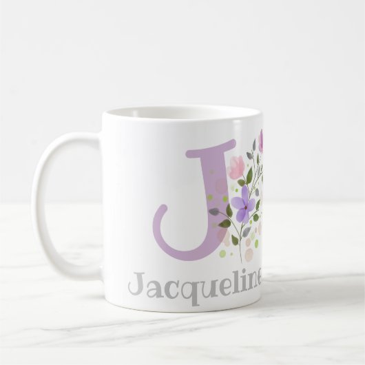 Eerste initiaal plus naam Jacqueline met bloemen Koffiemok (Links)