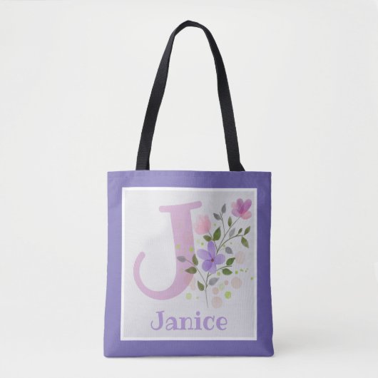 Eerste Initiaal plus naam Janice met bloemen Tote Bag (Voorkant)