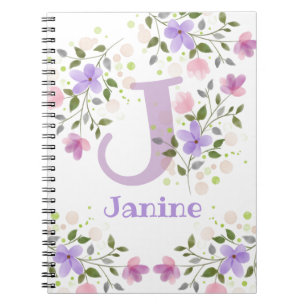 Eerste initiaal plus naam Janine met bloemen Notitieboek